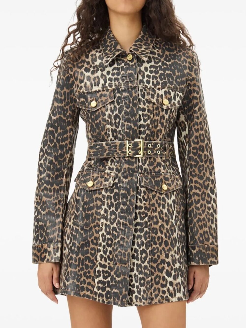 GANNI Leopard Print Foil Denim Belted Mini Dress